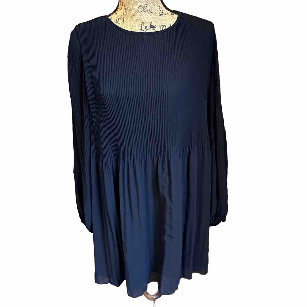 Wilfred Womens Pleated Scoop Neck Key Hole Puff Sleeve‎ Mini Dress Black Size L